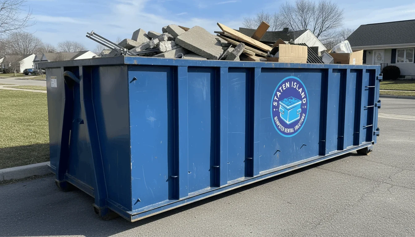 Blue 10 yard roll-off dumpster from Staten Island Dumpster Rental Solutions, sized for a small Staten Island, NY cleanout Blue 10 yard roll-off dumpster from Staten Island Dumpster Rental Solutions, sized for a small Staten Island, NY cleanout