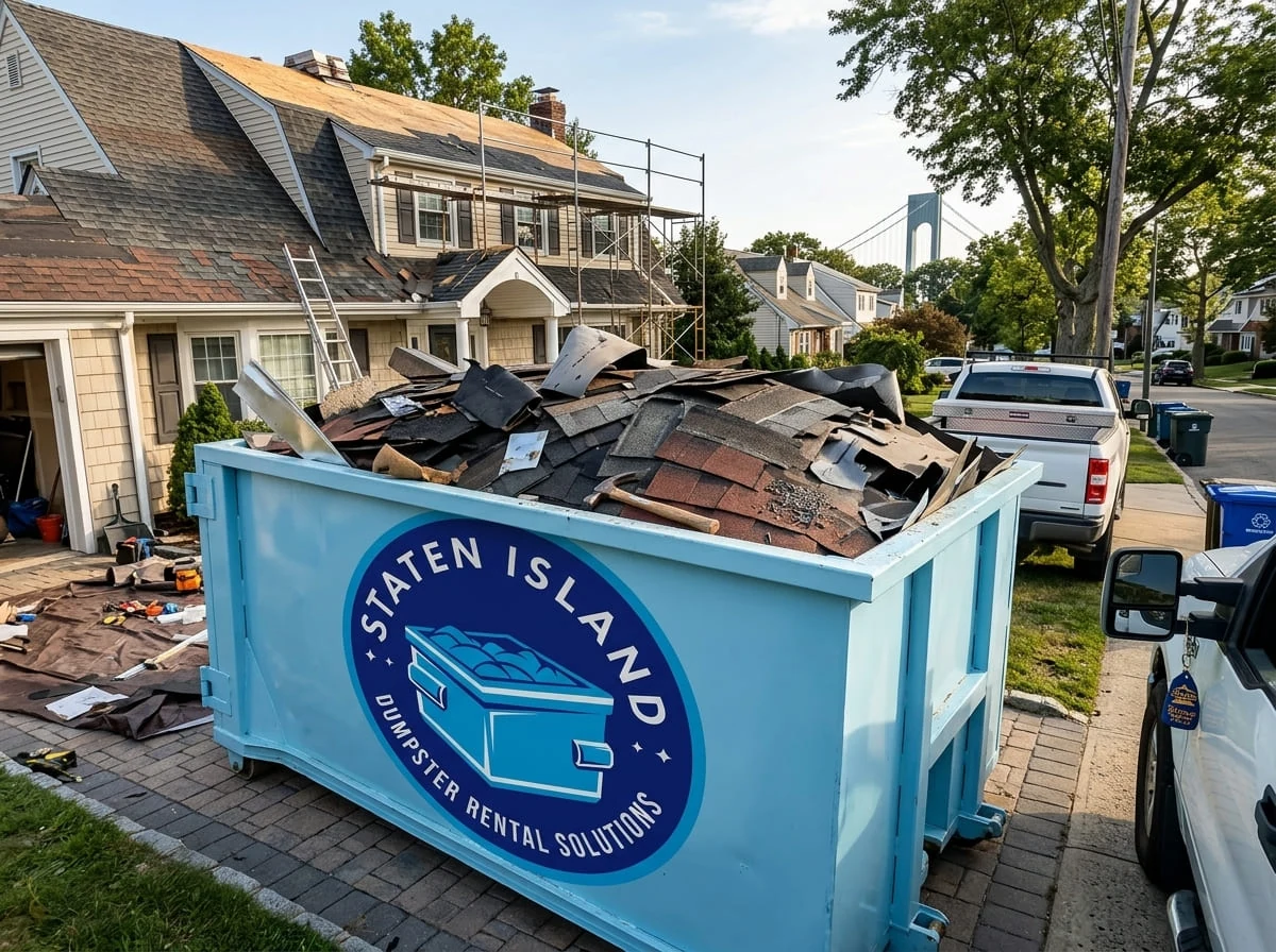 20 yard roll-off dumpster loaded with roofing tear-off debris on a Staten Island, NY job site 20 yard roll-off dumpster loaded with roofing tear-off debris on a Staten Island, NY job site