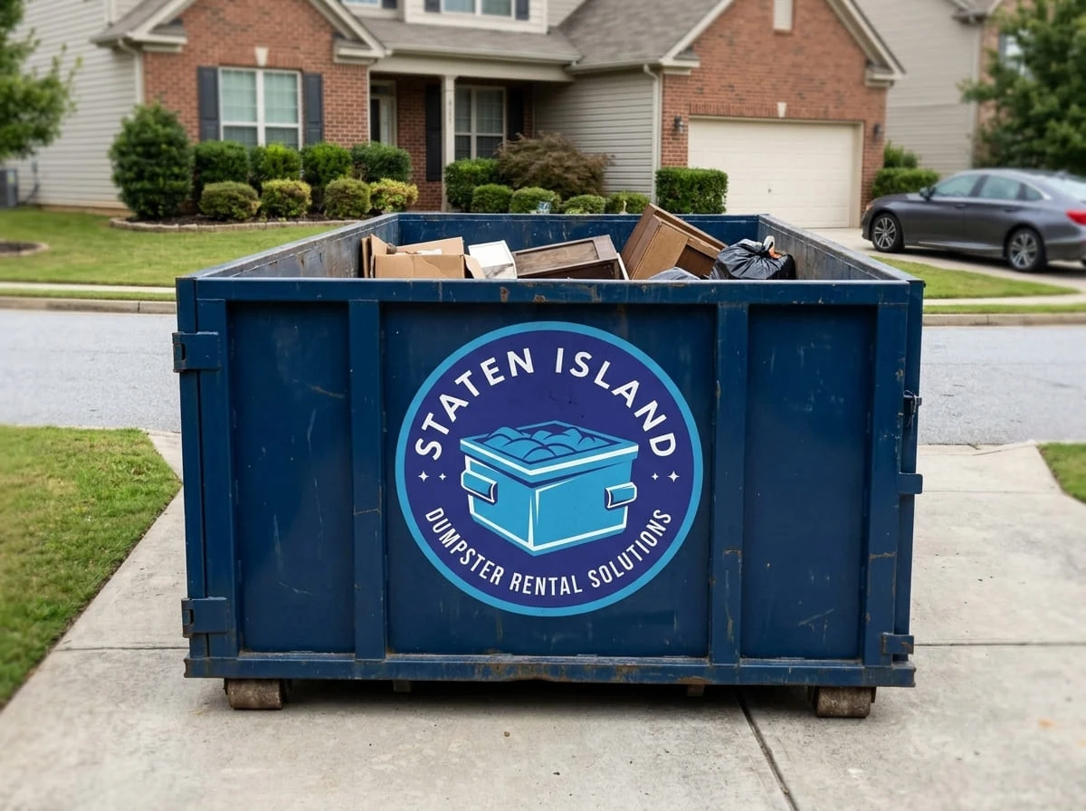 Staten Island Dumpster Rental Solutions roll-off dumpster delivered to a residential driveway in Staten Island, NY
