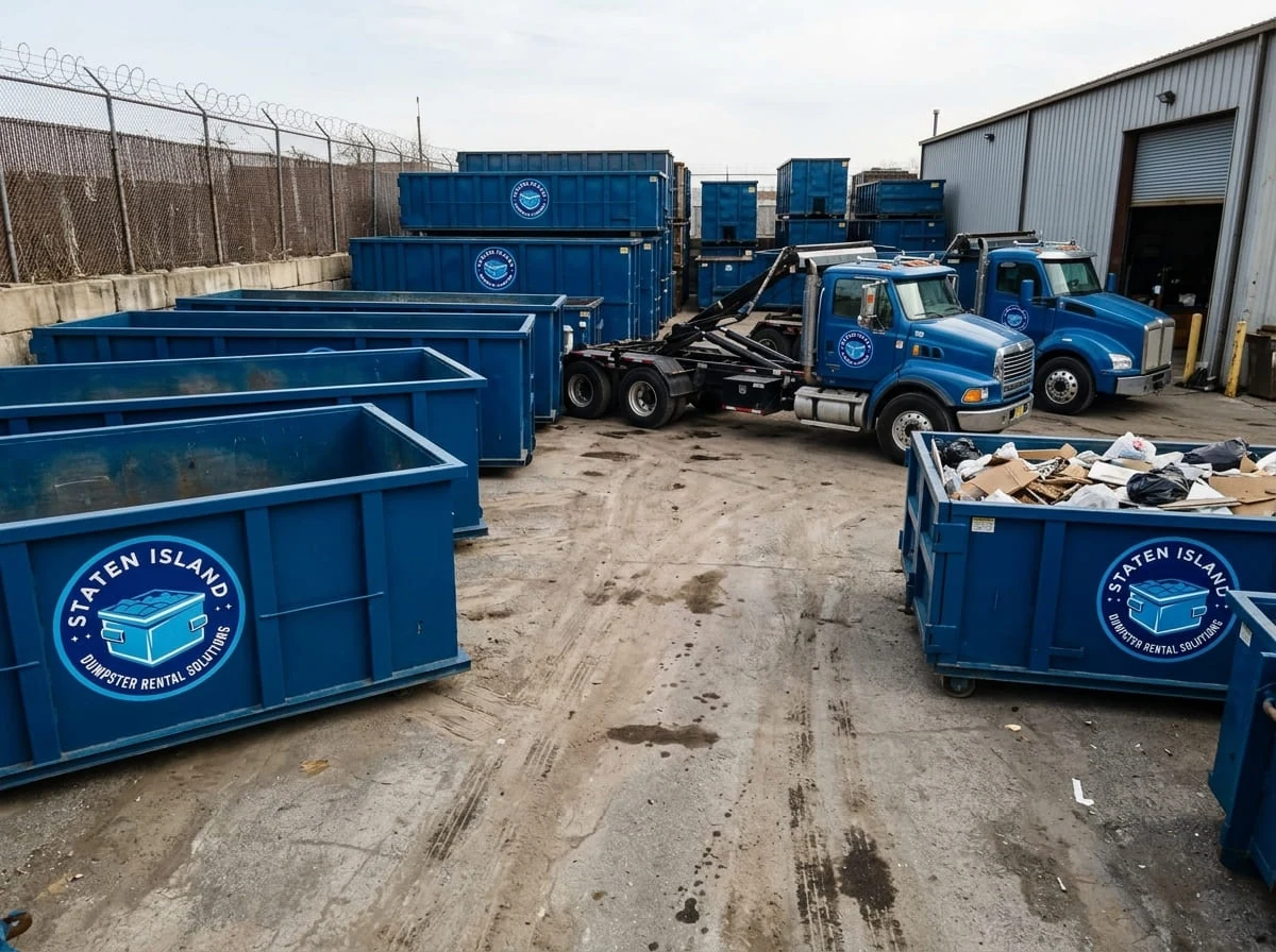 Our yard, our trucks Trucks staged at the Staten Island Dumpster Rental Solutions yard on 6845 Amboy Rd in Staten Island, NY