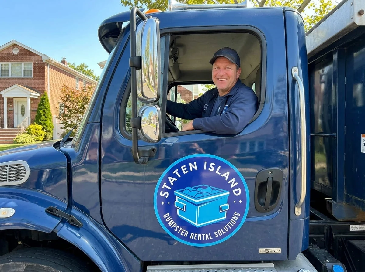 A Staten Island Dumpster Rental Solutions driver ready for delivery in Staten Island, NY