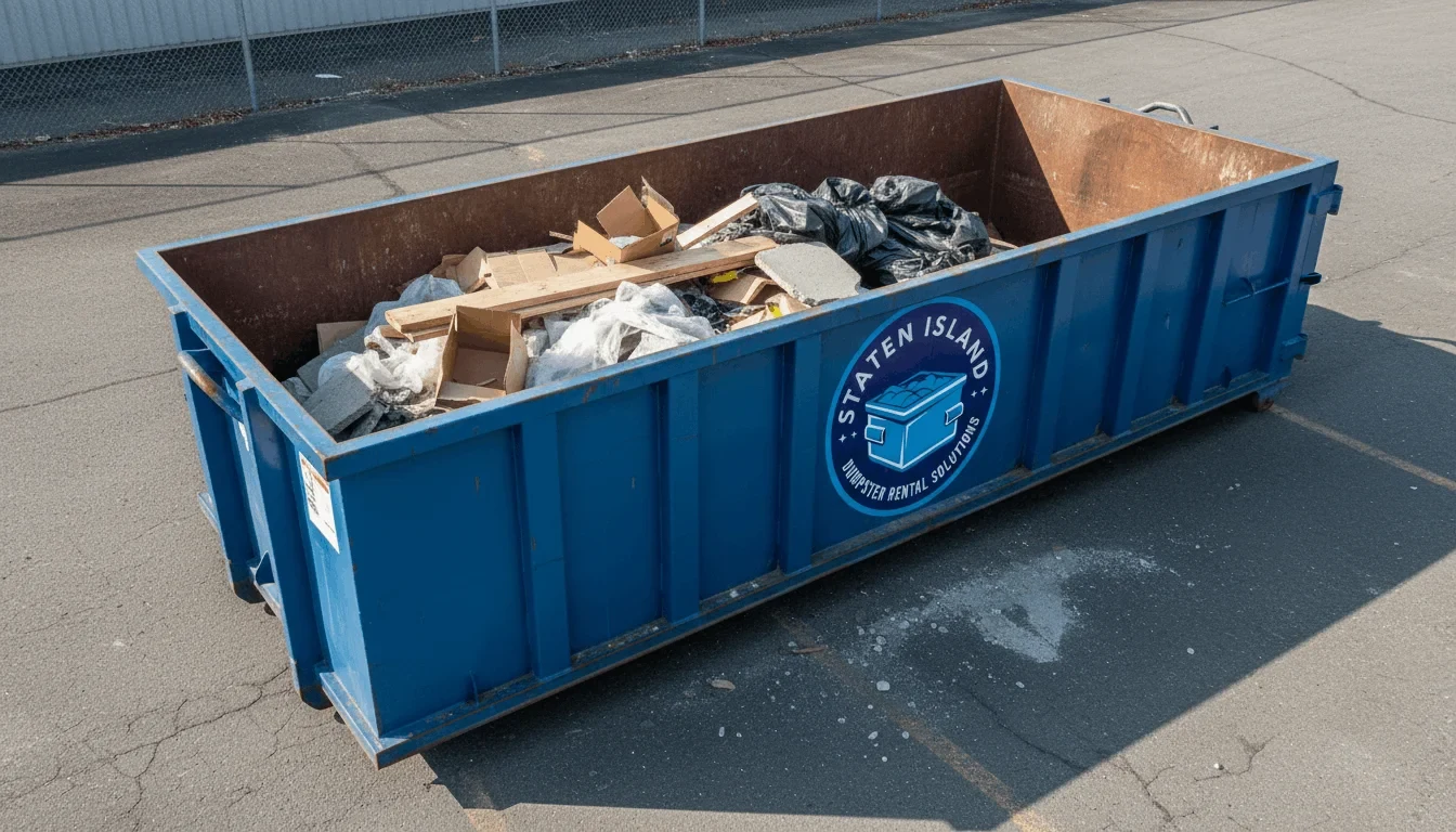 Clean roll-off dumpster set aside for a yard-waste load in Staten Island, NY Clean roll-off dumpster set aside for a yard-waste load in Staten Island, NY